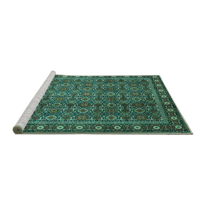 Sideview of Machine Washable Persian Turquoise Traditional Area Rugs, wshtr1895turq