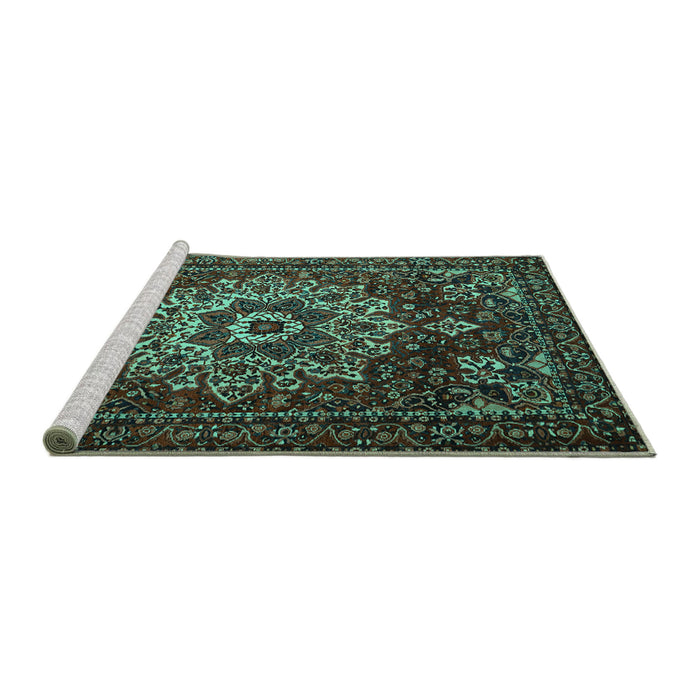 Sideview of Machine Washable Persian Turquoise Traditional Area Rugs, wshtr1896turq