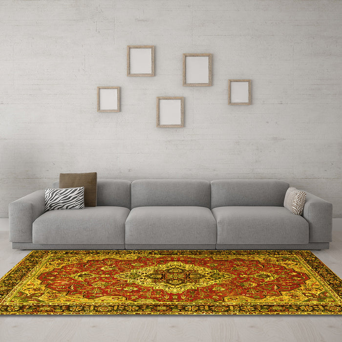 Machine Washable Persian Yellow Traditional Rug in a Living Room, wshtr1897yw