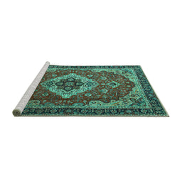 Sideview of Machine Washable Persian Turquoise Traditional Area Rugs, wshtr1897turq