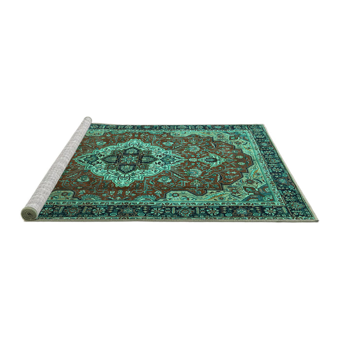 Sideview of Machine Washable Persian Turquoise Traditional Area Rugs, wshtr1897turq