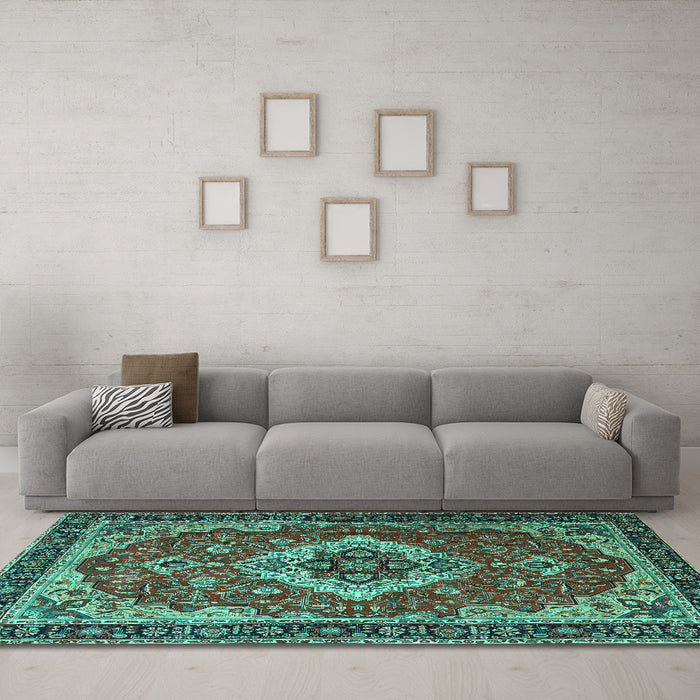 Machine Washable Persian Turquoise Traditional Area Rugs in a Living Room,, wshtr1897turq