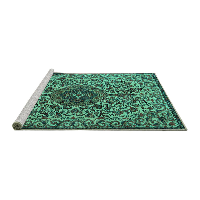 Sideview of Machine Washable Persian Turquoise Traditional Area Rugs, wshtr1898turq