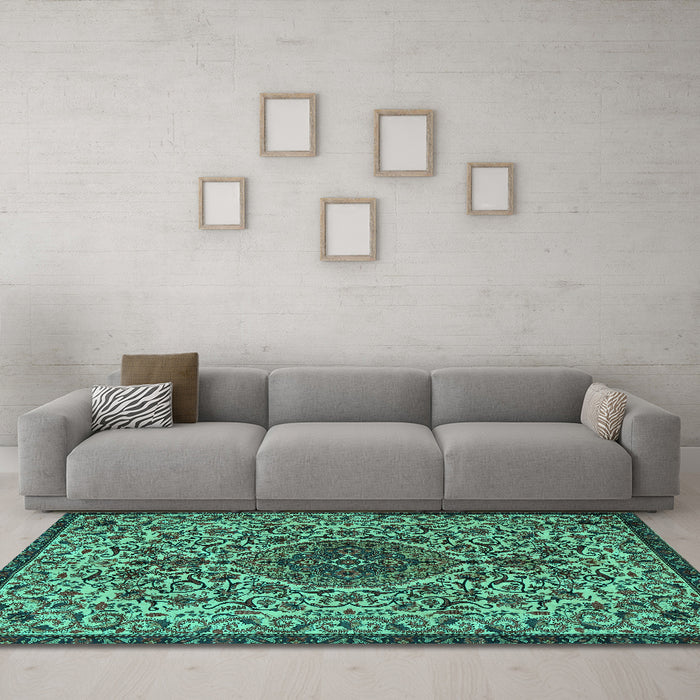 Machine Washable Persian Turquoise Traditional Area Rugs in a Living Room,, wshtr1898turq