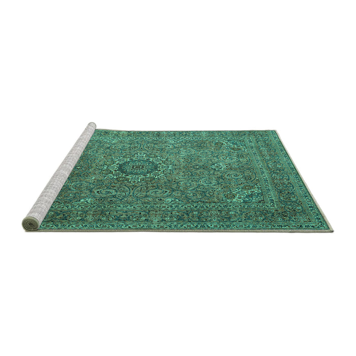 Sideview of Machine Washable Persian Turquoise Traditional Area Rugs, wshtr1899turq