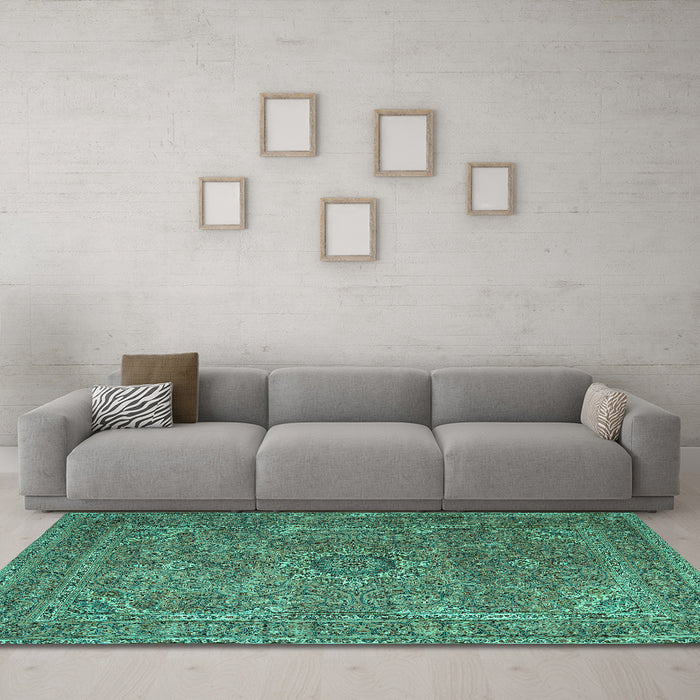 Machine Washable Persian Turquoise Traditional Area Rugs in a Living Room,, wshtr1899turq