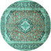 Round Machine Washable Medallion Turquoise Traditional Area Rugs, wshtr189turq