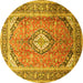 Round Machine Washable Medallion Yellow Traditional Rug, wshtr189yw