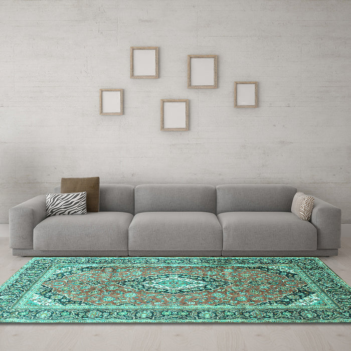 Machine Washable Medallion Turquoise Traditional Area Rugs in a Living Room,, wshtr189turq