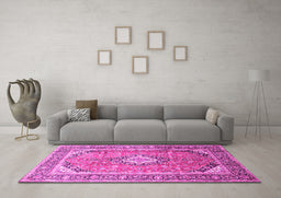 Machine Washable Medallion Pink Traditional Rug in a Living Room, wshtr189pnk