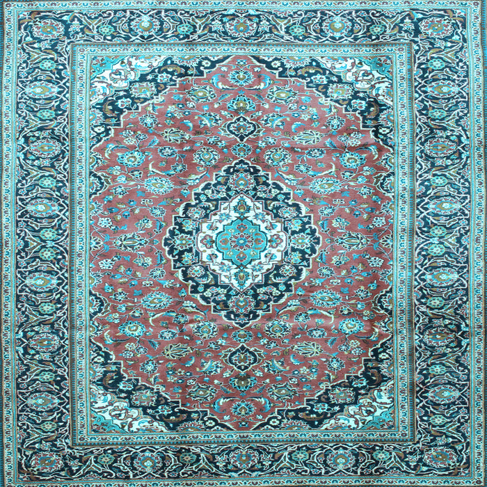 Square Machine Washable Medallion Light Blue Traditional Rug, wshtr189lblu