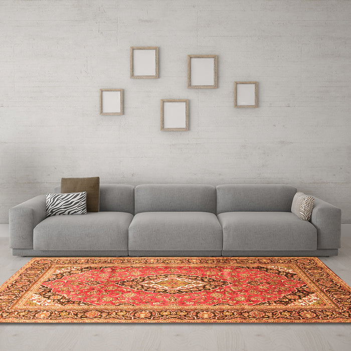 Machine Washable Medallion Orange Traditional Area Rugs in a Living Room, wshtr189org