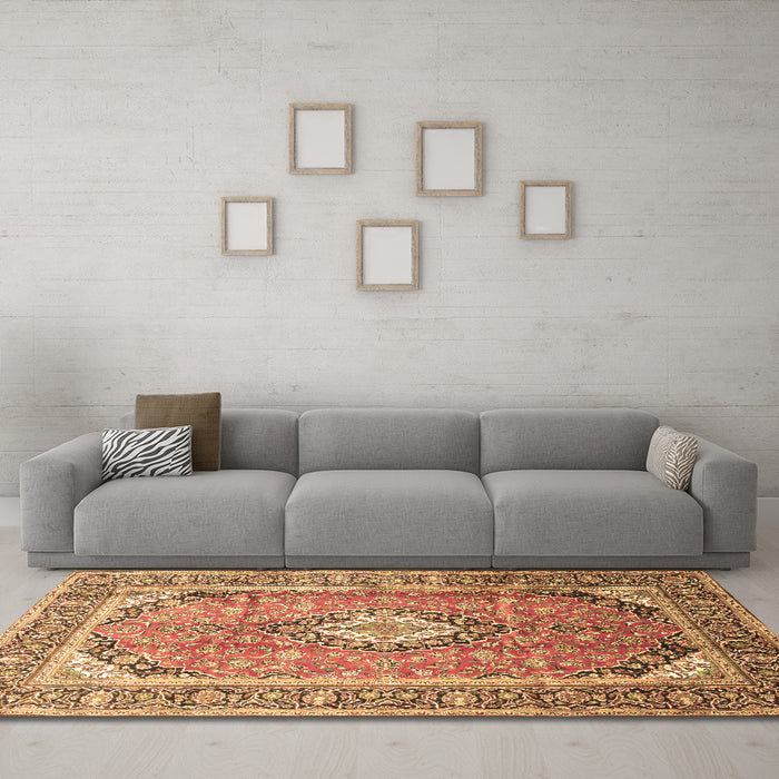 Machine Washable Medallion Brown Traditional Rug in a Living Room,, wshtr189brn