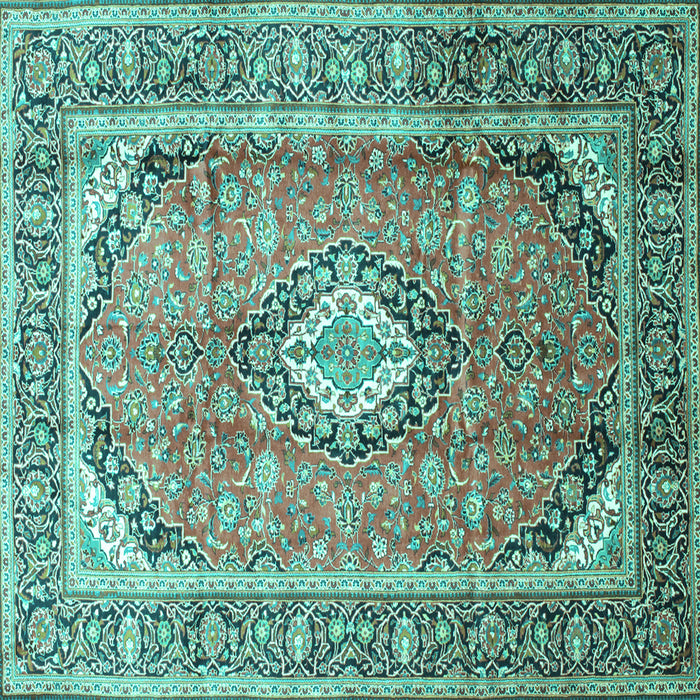 Square Machine Washable Medallion Turquoise Traditional Area Rugs, wshtr189turq