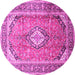 Round Machine Washable Medallion Pink Traditional Rug, wshtr189pnk