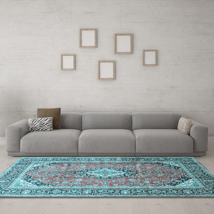 Machine Washable Medallion Light Blue Traditional Rug in a Living Room, wshtr189lblu