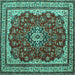 Square Machine Washable Medallion Turquoise Traditional Area Rugs, wshtr18turq