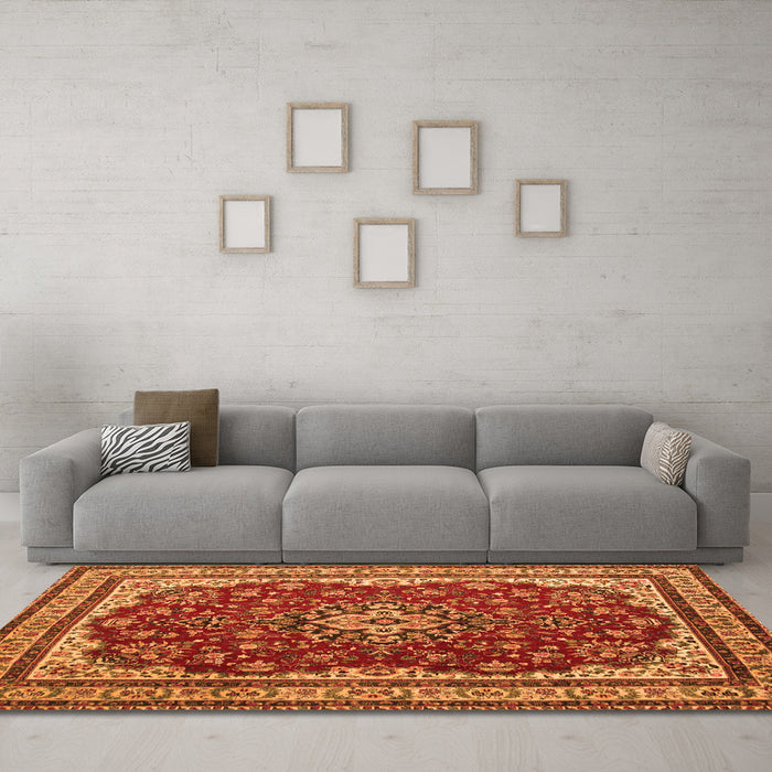 Machine Washable Medallion Orange Traditional Area Rugs in a Living Room, wshtr18org
