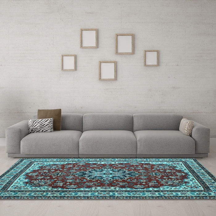 Machine Washable Medallion Light Blue Traditional Rug in a Living Room, wshtr18lblu