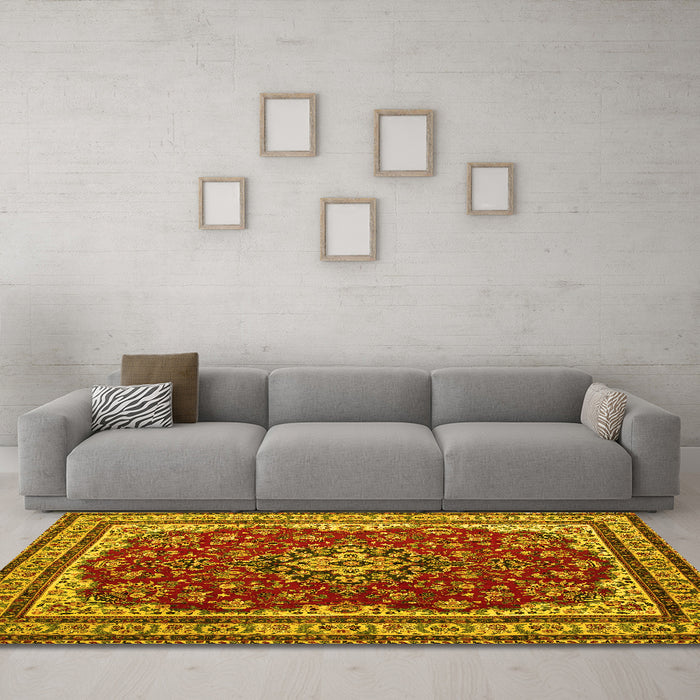 Machine Washable Medallion Yellow Traditional Rug in a Living Room, wshtr18yw