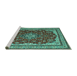 Sideview of Machine Washable Medallion Turquoise Traditional Area Rugs, wshtr18turq