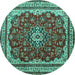 Round Machine Washable Medallion Turquoise Traditional Area Rugs, wshtr18turq