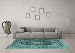 Machine Washable Medallion Light Blue Traditional Rug in a Living Room, wshtr1901lblu