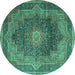 Round Machine Washable Medallion Turquoise Traditional Area Rugs, wshtr1901turq