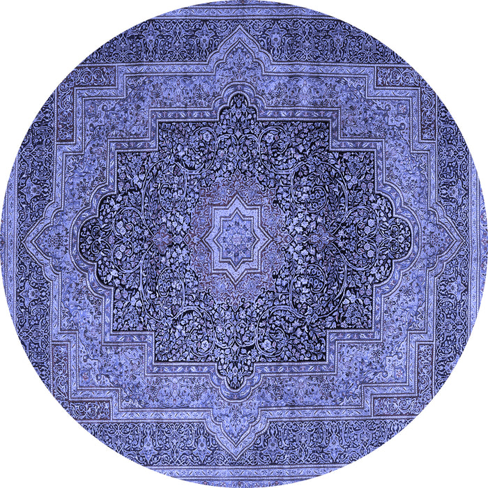 Round Machine Washable Medallion Blue Traditional Rug, wshtr1901blu