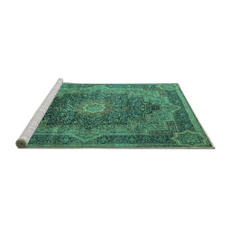 Sideview of Machine Washable Medallion Turquoise Traditional Area Rugs, wshtr1901turq