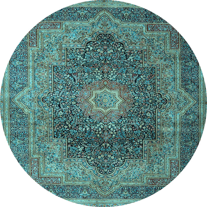 Round Machine Washable Medallion Light Blue Traditional Rug, wshtr1901lblu