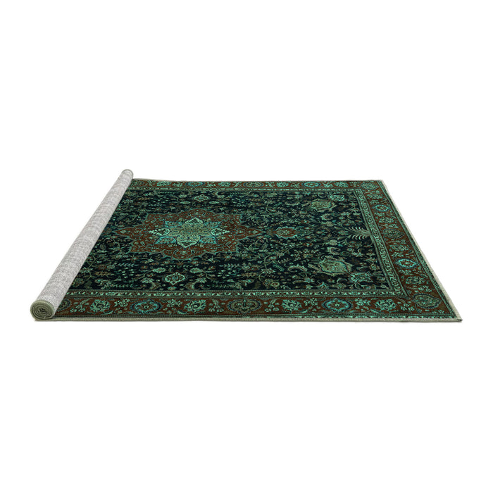 Sideview of Machine Washable Medallion Turquoise Traditional Area Rugs, wshtr1902turq