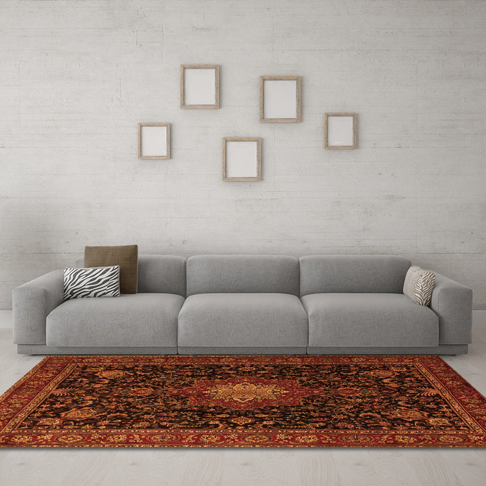 Machine Washable Medallion Orange Traditional Area Rugs in a Living Room, wshtr1902org