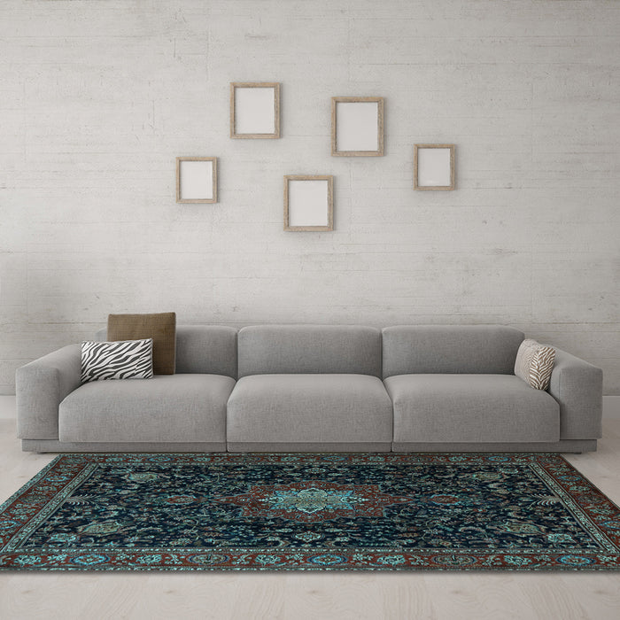 Machine Washable Medallion Light Blue Traditional Rug in a Living Room, wshtr1902lblu