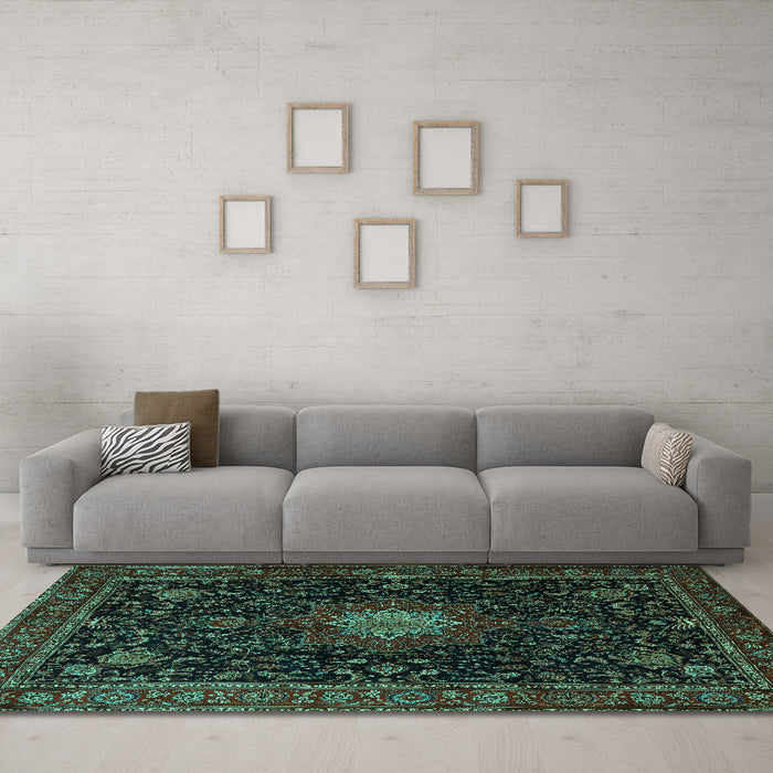 Machine Washable Medallion Turquoise Traditional Area Rugs in a Living Room,, wshtr1902turq