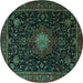 Round Machine Washable Medallion Turquoise Traditional Area Rugs, wshtr1902turq