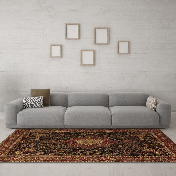 Machine Washable Medallion Brown Traditional Rug in a Living Room,, wshtr1902brn