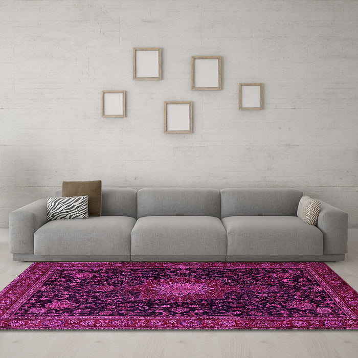 Machine Washable Medallion Pink Traditional Rug in a Living Room, wshtr1902pnk