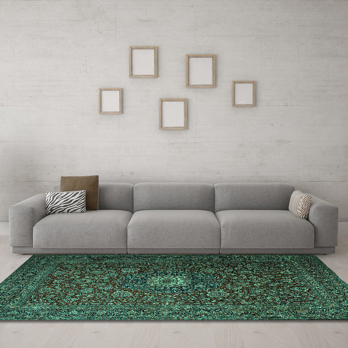 Machine Washable Persian Turquoise Traditional Area Rugs in a Living Room,, wshtr1903turq