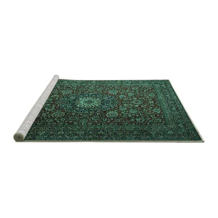 Sideview of Machine Washable Persian Turquoise Traditional Area Rugs, wshtr1903turq