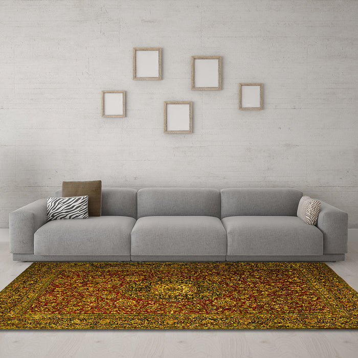 Machine Washable Persian Yellow Traditional Rug in a Living Room, wshtr1903yw