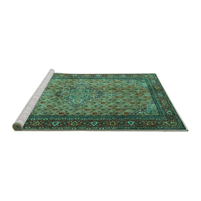 Sideview of Machine Washable Persian Turquoise Traditional Area Rugs, wshtr1904turq