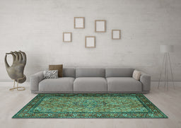 Machine Washable Persian Turquoise Traditional Area Rugs in a Living Room,, wshtr1904turq