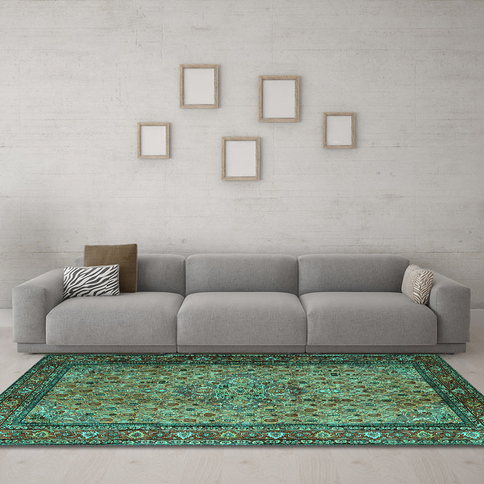 Machine Washable Persian Turquoise Traditional Area Rugs in a Living Room,, wshtr1904turq
