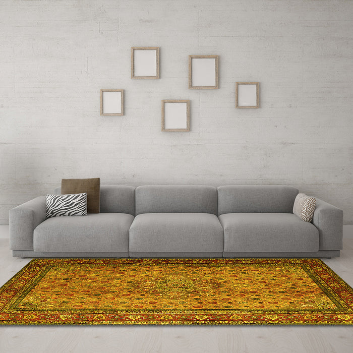 Machine Washable Persian Yellow Traditional Rug in a Living Room, wshtr1904yw