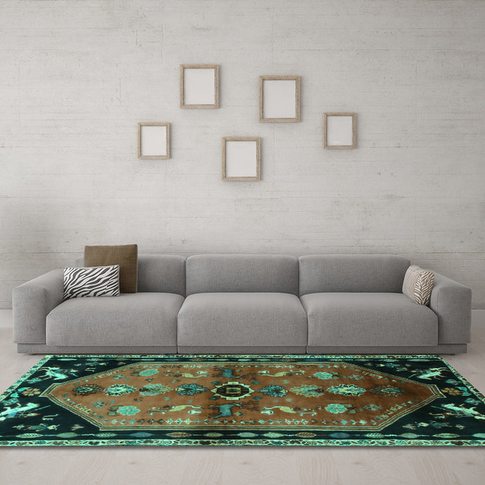 Machine Washable Animal Turquoise Traditional Area Rugs in a Living Room,, wshtr1905turq