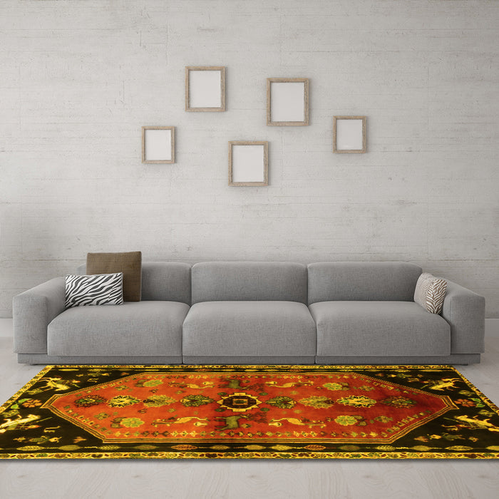 Machine Washable Animal Yellow Traditional Rug in a Living Room, wshtr1905yw