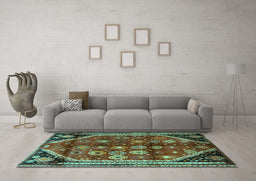 Machine Washable Persian Turquoise Traditional Area Rugs in a Living Room,, wshtr1906turq
