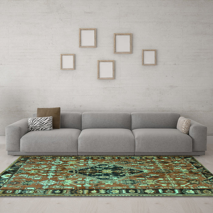 Machine Washable Persian Turquoise Traditional Area Rugs in a Living Room,, wshtr1907turq