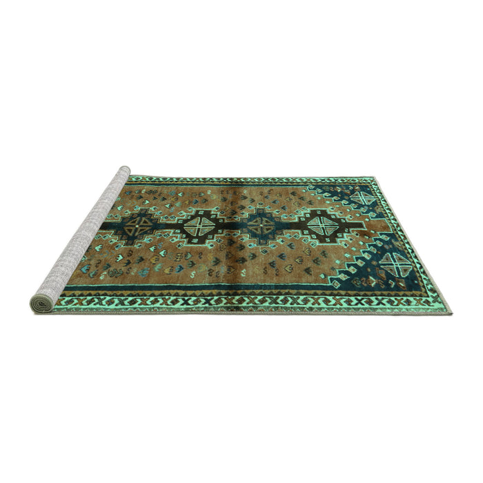 Sideview of Machine Washable Persian Turquoise Traditional Area Rugs, wshtr1908turq
